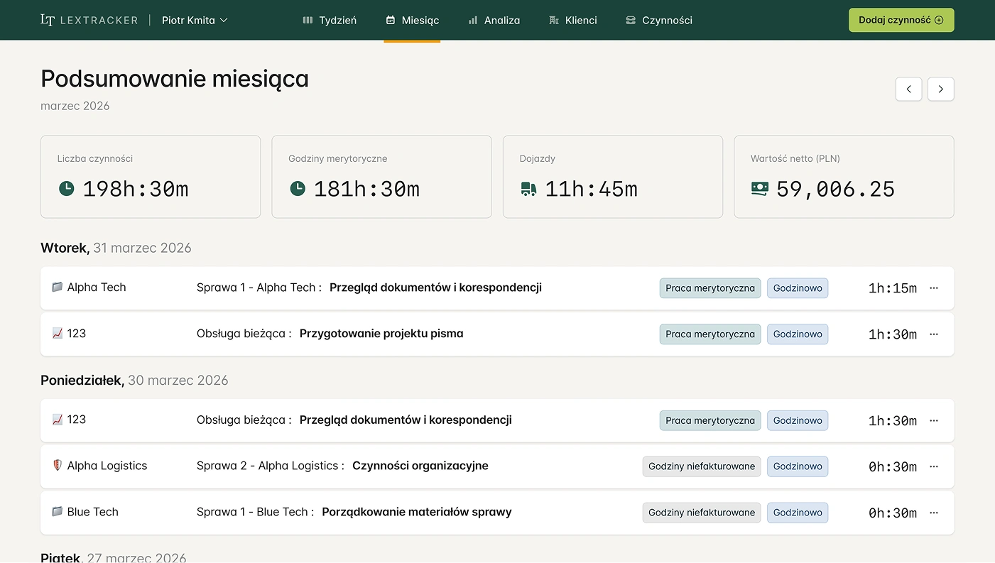 Podgląd widoku ewidencji pracy w LexTrackerze