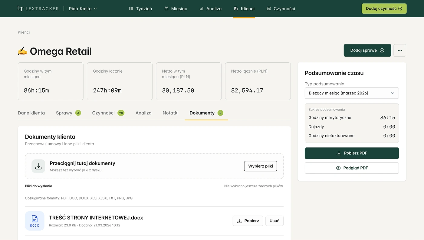 Podgląd widoku Klienta i dokumentów w LexTrackerze
