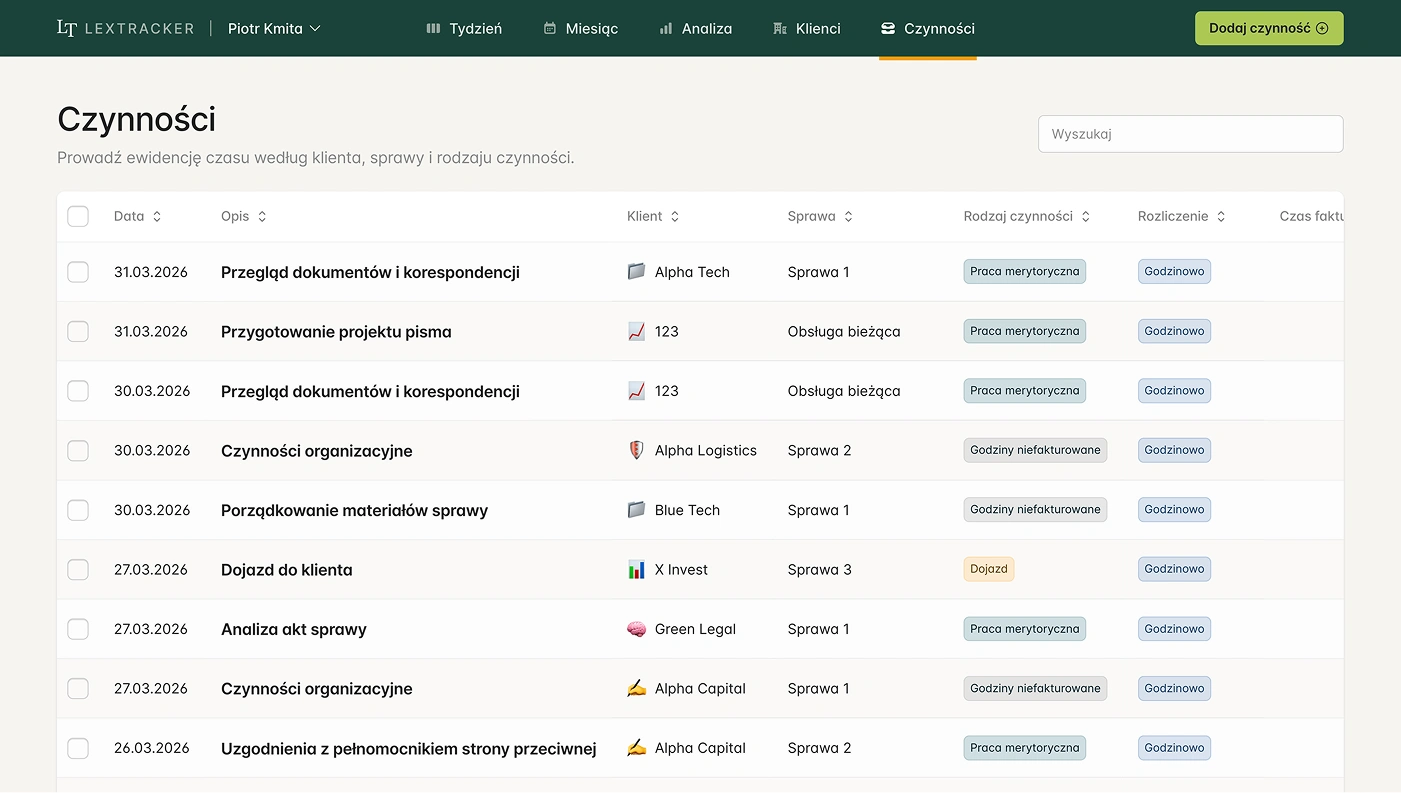 Podgląd widoku bezpieczeństwa i dokumentów w LexTrackerze